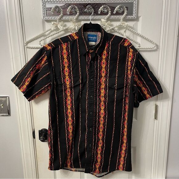Vintage Wrangler Wester Navajo Aztec Print Cowboy Button Up Shirt - Picture 1 of 9